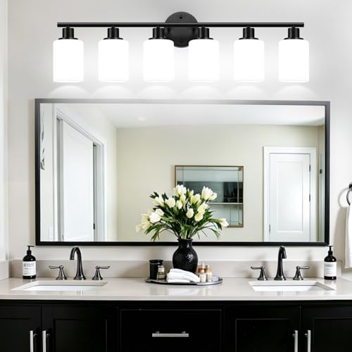Image of Zarbitta 6-Light Bathroom Light Fixtures, Black Modern Vanity Lights with Milky White Frosted Glass Shades, Bathroom Wall Lamp, for Mirror, Living Room, Kitchen, Hallway, Cabinet, Porch