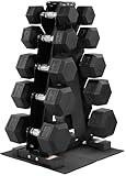 Fitvids Rubber Coated Hex Dumbbell Weight Set and Storage Rack â€“ 100LB + A-Rack: 200LBS Black