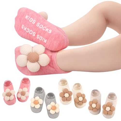 Woansju 4Packs non-slip baby socks with grips for newborn infant toddler girls,soft flowers design toddler grip socks
