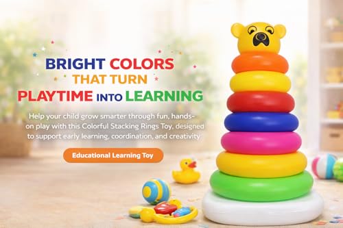Image of Pyramid 7 Ring Stacking Toy for Babies with Bear Topper | Colorful Rainbow Rings | Educational Learning Toy for Kids 1-3 Years | Includes 1 Stacking Base, 7 Rings, 1 Bear Topper
