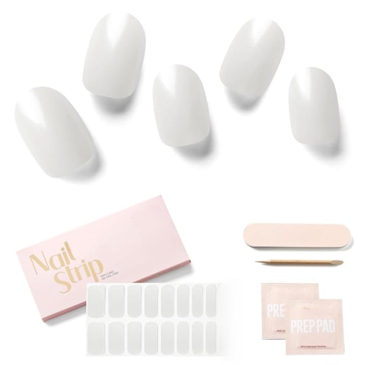16 tips semi cured gel nail wraps - solid polish stickers full kit - strips and art stickers for women girls (02 white pearl glazed)