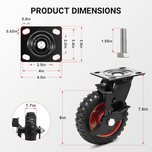 Humagineer 6 Inch Outdoor Heavy Duty Casters Wheels Set of 4, Sturdy Large Rubber Casters with Brake 1800 LBS, Industrial Grade Plate Swivel Castors with Knobby Tread for Dollies, Cart, Machine by Humagineer - Image 2