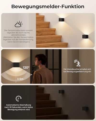 VIWAVE 2 Stück Akku Wandleuchte Innen mit Bewegungsmelder & Fernbedienung,3 Farben LED Wandleuchte Ohne Stromanschluss,Kabellose Wandlampe Innen Batterie mit Schalter,Wandlampe Akku Schwarz Dimmbar