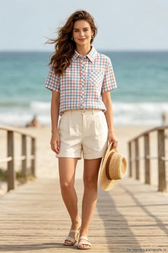 Image of SANGTREE Girls Women Plaid Shirt Short Sleeve Button Down Summer Blouses