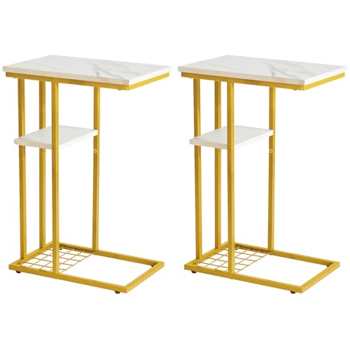 YMYNY Juego de 2 Piezas Mesa Auxiliar Forma C, Mesa De Sofá,Mesa De Centro Mesita para Ordenador Portátil, Apto para Salón O Dormitorio O Oficina,Mármol Blanco y Dorado HST004W-2