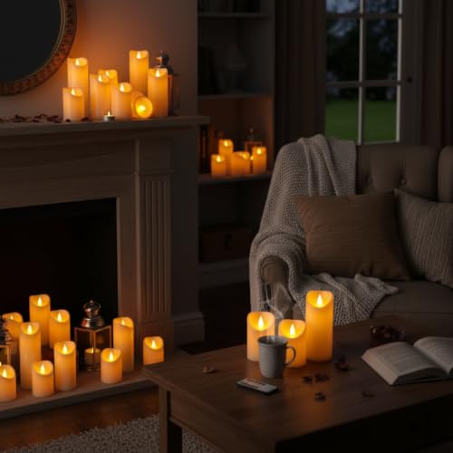Velas LED amarillas para decorar terrazas y salones set de 9 piezas con luz parpadeante a pilas 4