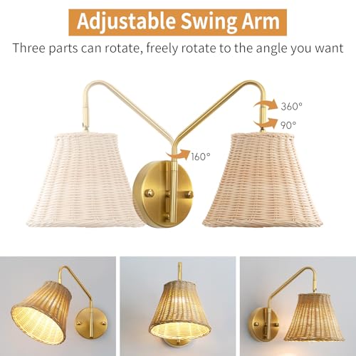 Image of Boho Battery Operated Wall Sconce, 100% Natural Rattan Wall Sconces Set of Two Battery Operated, Adjustable Battery Wall Sconce, Remote Rechargeable Sconce, Wirless Battery Sconces for Bedroom