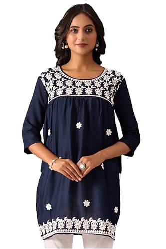 Image of Sidhidata Rayon Floral Embroidered Short Kurti | Short Anarkali Kurti for Girls | Women's Casual Sleeveless Printed Top | Tops for Women (Kurti Myra)