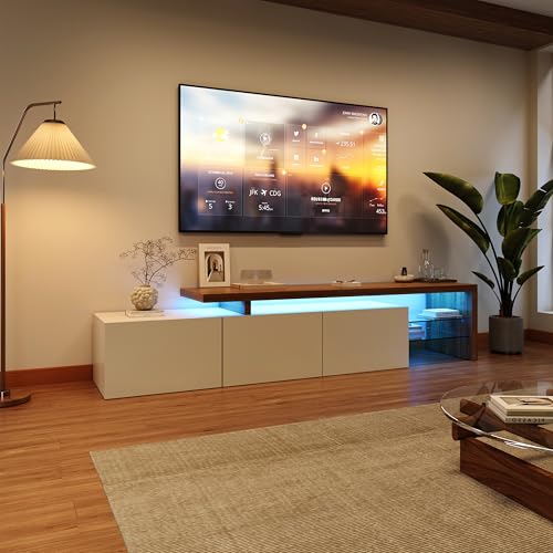 LIVLUX Meuble TV Moderne avec 3 Portes de Rangement et Étagères en Verre Intégrées, Lumières LED Variables, Convient pour Salon ou Chambre (Blanc, 197 x...
