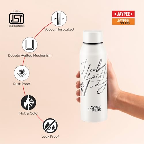 Image of Jaypee Plus Punch Prime Stainless Steel Printed Vacuum Insulated Water Bottle 620 ml | ISI Certified Rustproof & Leakproof Flask with 24Hrs Hot & Cold Ideal for School Kids, Office & Travel - (White)
