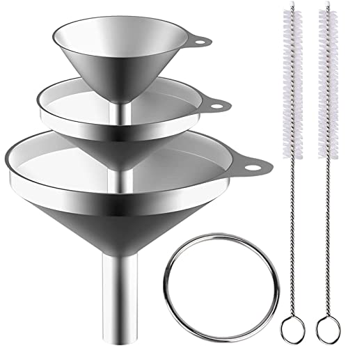 3 Stück Edelstahl Trichter Set, Klein Küche Trichter für Flachmann minitrichter für die Übertragung von Flüssigen und Pulver, mit 2 Reinigungsbürste mit Langem Griff, 4.5/5.5/7.5cm Cover