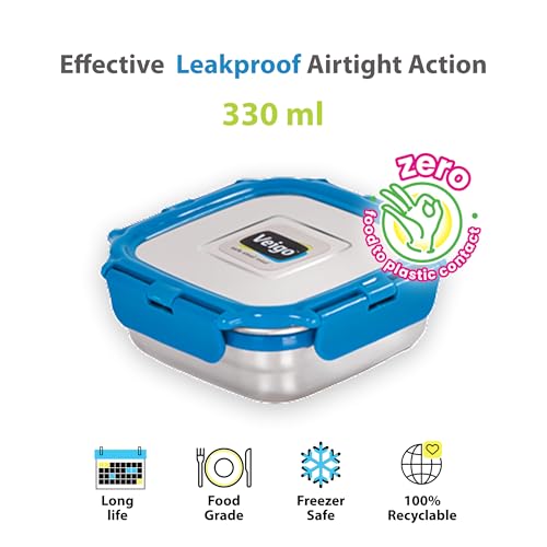 Image of Veigo Stainless Steel Snack Box 300 ml, Airtight Leakproof Kids Tiffin for School & Office, Freezer Dishwasher Safe, Silicone Ring Polymer Frame, Safe Lid Lock, Compact Lunch Box - Dark Blue, Medium