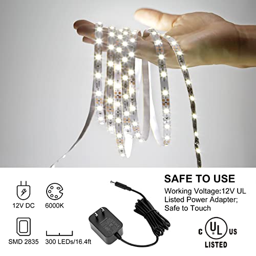 Kopmhye 5M Dimmable Led Strip Lights Kits, 12V Tape Light, 300 2835 Led, 16.4Ft 6000K Daylight White Ribbon With Power Adapter, Light Strips For Under Bed, Vanity Mirror, Cabinet, Non-Waterproof #TOP4