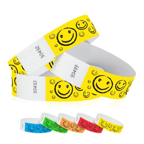 Image of 200 WristCo Yellow Smiley Face Tyvek Wristbands for Events - Tamper-Proof | Comfortable Water /Tear-Resistant - USA Made Tyvek Wristband ID Bracelets for Events, Concerts, Party Security, VIP Admission