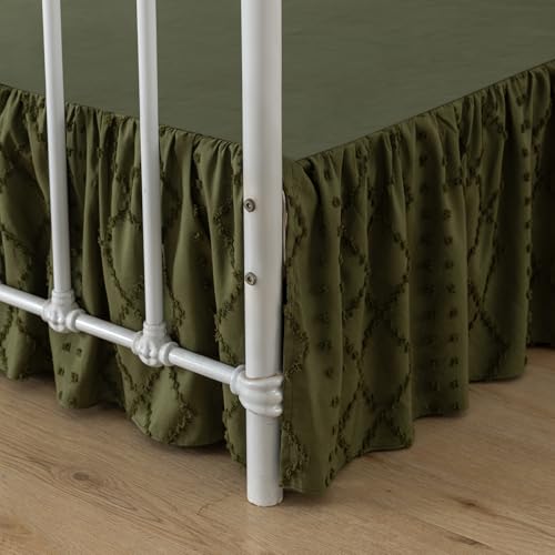 Bed Skirt King Size Ruffled Bed Skirt with Split Corners, 18 Inch Drop Dust Ruffle Bed Skirts with Platform, Boho Tufted Shabby Chic King Size Bed Skirts, Olive Green