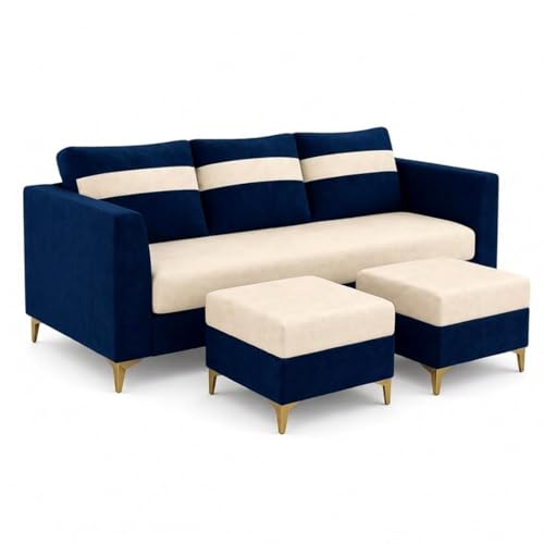 Image of FURNY Nova 5 Seater L Shape Sofa Set with 2 Movable Ottoman | Flexible Left or Right Layout | Plush Velvet Fabric (Dark Blue-Cream) | Perfect for Living Room, Guest Room & Office