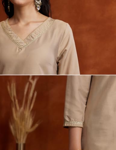 Buy Amazon Brand - Myx Women's Kurta Pant Set with Embroidered Organza Dupatta | Viscose,Rayon (AW24-MYX-SKD-VN-08_Golden Beige_XS) at Amazon.in - Image 6