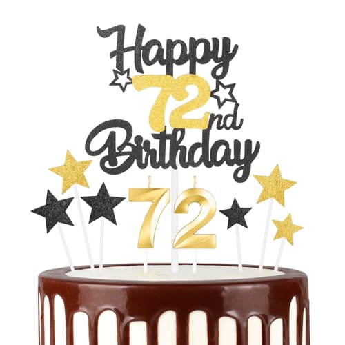 Schwarzgoldenes 72th Geburtstagskerzen Kuchenaufsatz Set, 3D Golden Zahl 72 Kerze für Kuchen, Mädchen Jungen 72th Geburtstag Dekorationen, Schwarzgoldenes Geburtstagsdekorationen für Mädchen Jungen