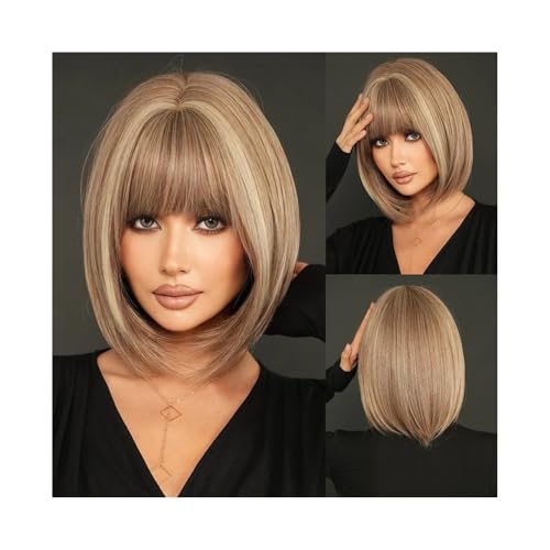 Perruque brune courte lisse avec frange haute densité volume naturel
