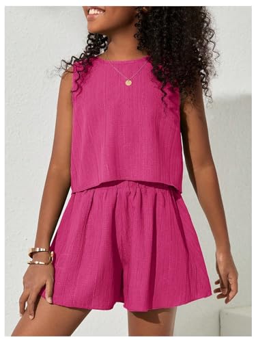 Image of Verdusa Girl's 2 Piece Outfits Sleeveless Blouse Top and Wide Leg Shorts Set