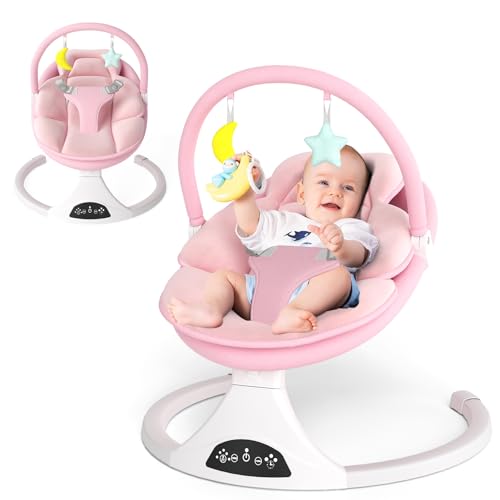 Image of Electric Baby Swing with Remote Control - 5 Natural Motion Speeds, Detachable Seat Pad | Portable Infant Swing for Indoor/Outdoor Use (0-6M, 20lbs) (Pink)