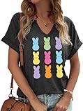 Earlymemb Womens Colorful Bunny Rabbit V Neck Shirt Easter Day Funny Graphic Tee Short Sleeve Tops(L,V-Grey)