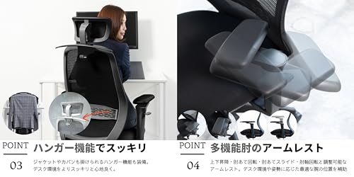 TOKIO-SITORIGI トキオ シトリギ デスクチェア オフィスチェア ワークチェア 人間工学 前傾姿勢 回転 椅子 ロッキング リクライニング ヘッドレスト フットレスト アームレスト ランバーサポート 疲れない メッシュ おしゃれ ハイバック 腰痛ZK01 (ブラック) [4]
