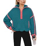 Yanekop Womens Quarter Zip Pullover Sherpa Fleece Jacket Oversized Zip Up Sweatshirt Half Zip Pullover Fuzzy Outerwear(Coral Teal,L)