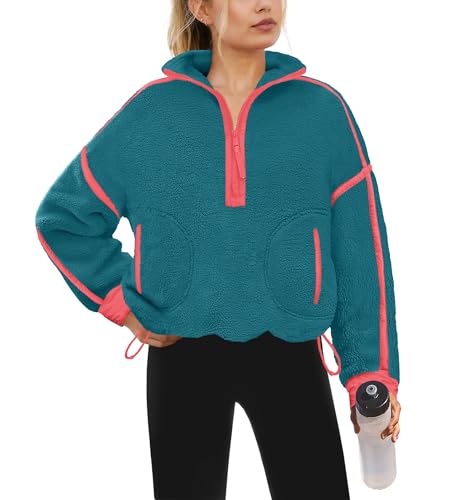 Yanekop Womens Quarter Zip Pullover Sherpa Fleece Jacket Oversized Zip Up Sweatshirt Half Zip Pullover Fuzzy Outerwear(Coral Teal,L)