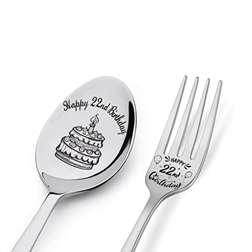 Happy 22nd Birthday Spoon&Fork Gifts Engraved Spoon&Fork Personalized Birthday Gifts for Son Daughter Sister Brother Friends