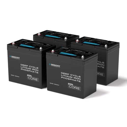 Image of Renogy 12V Lithium Trolling Motor Battery, 100Ah Group 24 LiFePO4 Battery Bluetooth 5.3 150A BMS Surge Protection IP67 Waterproof 5000+ Deep Cycle Marine Battery for Boat Solar System Yacht RV 4 Pack