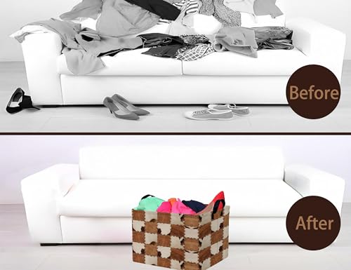 Image of Checkered Kids Toy Basket Collapse Storage Bin with Handles Canvas Cow Fur Print Home Decor(Brown White)
