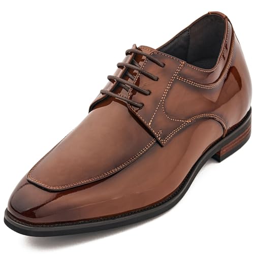 Image of CALTO Men's Invisible Height Increasing Elevator Shoes - Caramel Brown Patent Leather Lace-up Formal Dress Oxfords - 2.8 Inches Taller - K2711 - Size 6.5 D(M) US