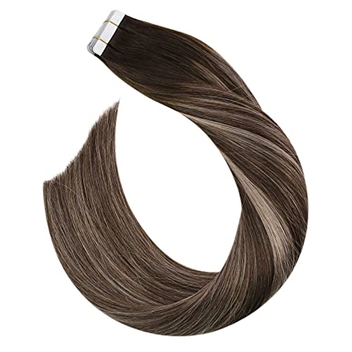 Tape in Hair Extensions 18inch Tape in Real Hair Extensions Human Hair 50G/20PCS Brown Hair Extensions Tape in Natural Hair Balayage #4 Brown to #18 Blonde Seamless Skin Weft Tape in Extensions