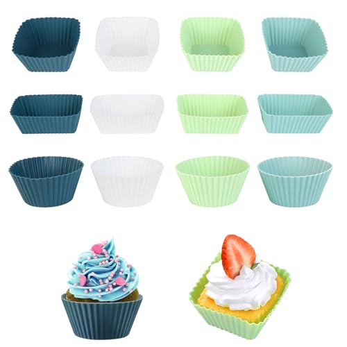 12 moldes de silicona para magdalenas, moldes multicolores antiadherentes para hornear, reutilizables, sin BPA, bandejas para hornear para freidora de aire, horno, microondas, grado alimenticio para