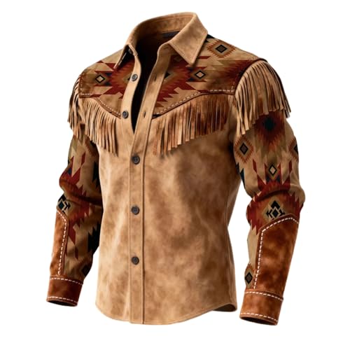 Générique Chemise Homme Western à Franges, Style Cowboy, décontractée, à Manches Longues et Boutons, idéale pour Un Festival de Musique Country (Brown, XXXL)