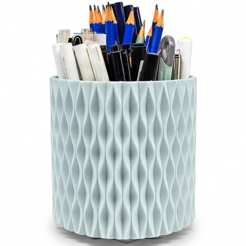 Image of Lebenrich Rotating Pen Holder for Desk, 5 Slots Unique Blue Desk Pen Organizer Easthetic Desktop Supplies and Accessories for Women Girls, Pencil Cup Caddy for Office Home Art Supply