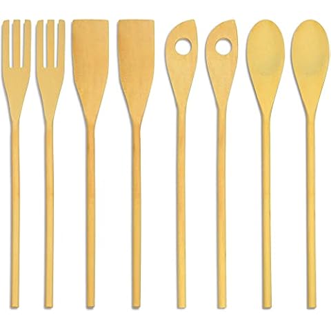 DecorRack 8 Piece Wooden Spoon Kitchen Utensil Set, 12 Inch Nonstick Wood Utensils for Cooking, Mixing, Serving, Includes Fork and Spatula Tools for Easy Stirring and Flipping Cover