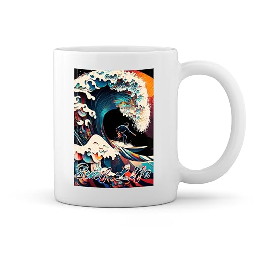 GR8Shop Surf Life On The Great Wave Off Kanagawa Surfer New Trend Fun Lustig Blanco taza Mug Imagen de GR8Shop Surf Life On The Great Wave Off Kanagawa Surfer New Trend Fun Lustig Blanco taza Mug