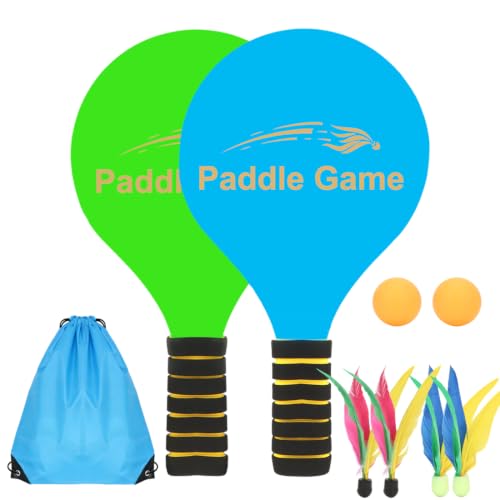 Image of Beach Ball Set, Beach Ball Racket Set: 2 Bats Green + Blue, 4 Shuttlecocks, 2 Balls, Beach Tennis Play Set, Summer Beach Pool Garden Game for Family and Party
