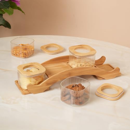 Image of HOME 360 Bamboo Bridge Tray | Set of 4 Ribbed Glass Canisters with Natural Wood Lids | Unique Arched Display Spice Rack | Minimalist Boho Kitchen Decor | (Bridge - 4Jar)