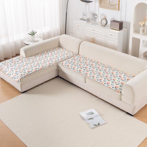 Image of HOKIPO Folk Garden L Shape (3+3 Seater) Sofa Seat Mat with Tassel| Quilted Sofa Cover Mat, 'Tassel Twigs' Series (IN-986-T9*2)