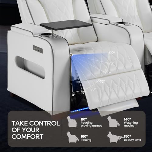 Image of Luxury Home Theater Seating - Power Recliner with Adjustable Headrests, Blue LED Ambient Lighting, Tray Table, USB & Type-C Charging (Pure White,2 Seat)