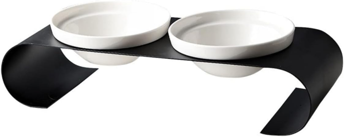 DECHOUS 1Pc Elevated Ceramic Cat Bowl with Iron Bracket Sturdy Double Bowl Design for Cats Pets for Dry Food Snacks Fresh Meals Black White