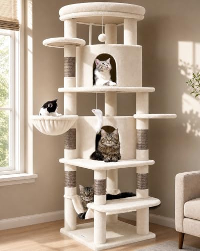 Image of Globlazer Corner Cat Tree for Large Cats, 66inch Tall Curved Series Large Cat Tower for Multiple Indoor Cats with 6 Scratching Posts, 2 Spacious Cat Condos, Hammock, Hanging Basket, C66, Beige