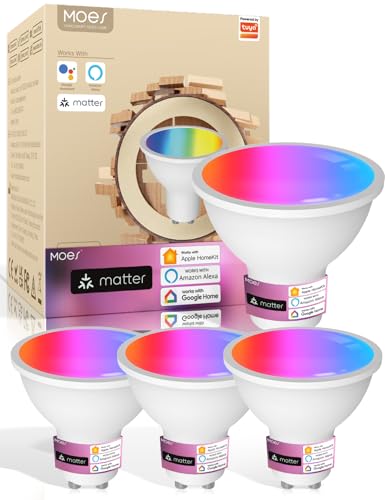 MOES Matter Ampoule Intelligente GU10, Lampe LED WLAN RGB, Dimmable, 2700k-6500k Blanc Chaud & Froid, Synchronisation musicale, 16M de Couleurs, compatible avec Apple homekit & Alexa, Google Home 4PCS