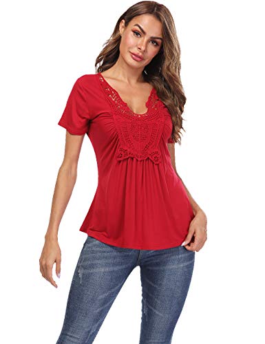 Miss Moly Tunic Tops For Women Deep V Neck Lace Ruched Front Ruffle Short Sleeves Peasant Blouse Pleated Shirts Red #TOP3