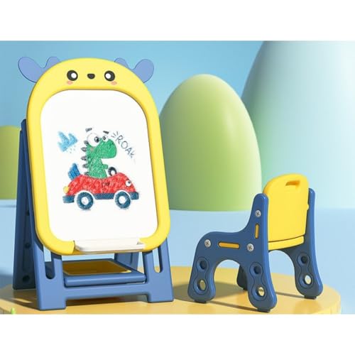 BRZU お絵かきボード、折りたたみ式、高さ調節可能、大画面、ライティングボード、黒板、ボード、マグネットペンボード、イーゼル、落書きボード、ハッピーホワイトボード、描画と消去、教育玩具、再利用可能、14歳未満の赤ちゃんに最適です。 (青と黄色,製図板+椅