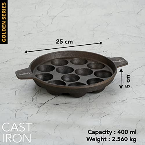 Image of Sumeet Super Smooth Gold Series Pre Seasoned Cast Iron Appam Patra for Paniyaram /Appe /Ponganalu /Paddu |25cm 2.560kg, 12 Pit.