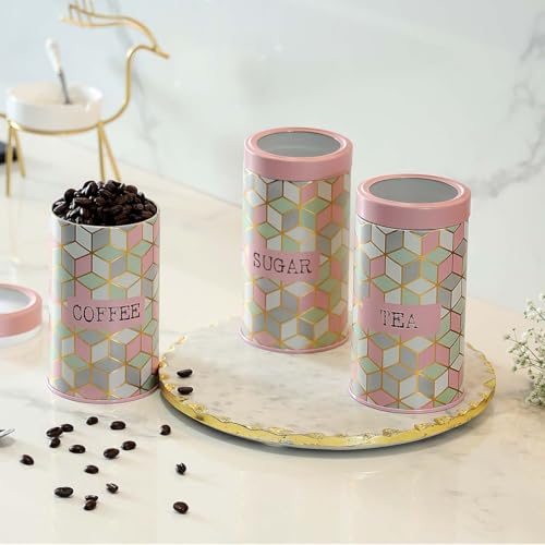 Image of Maroc Collection Airtight Kitchen Container|Set of 3-850ML| Pink Pastel| Food Grade Metal Storage Jars for Tea, Coffee & Sugar Vacuum Sealed, Moist- Proof Canisters for Freshness